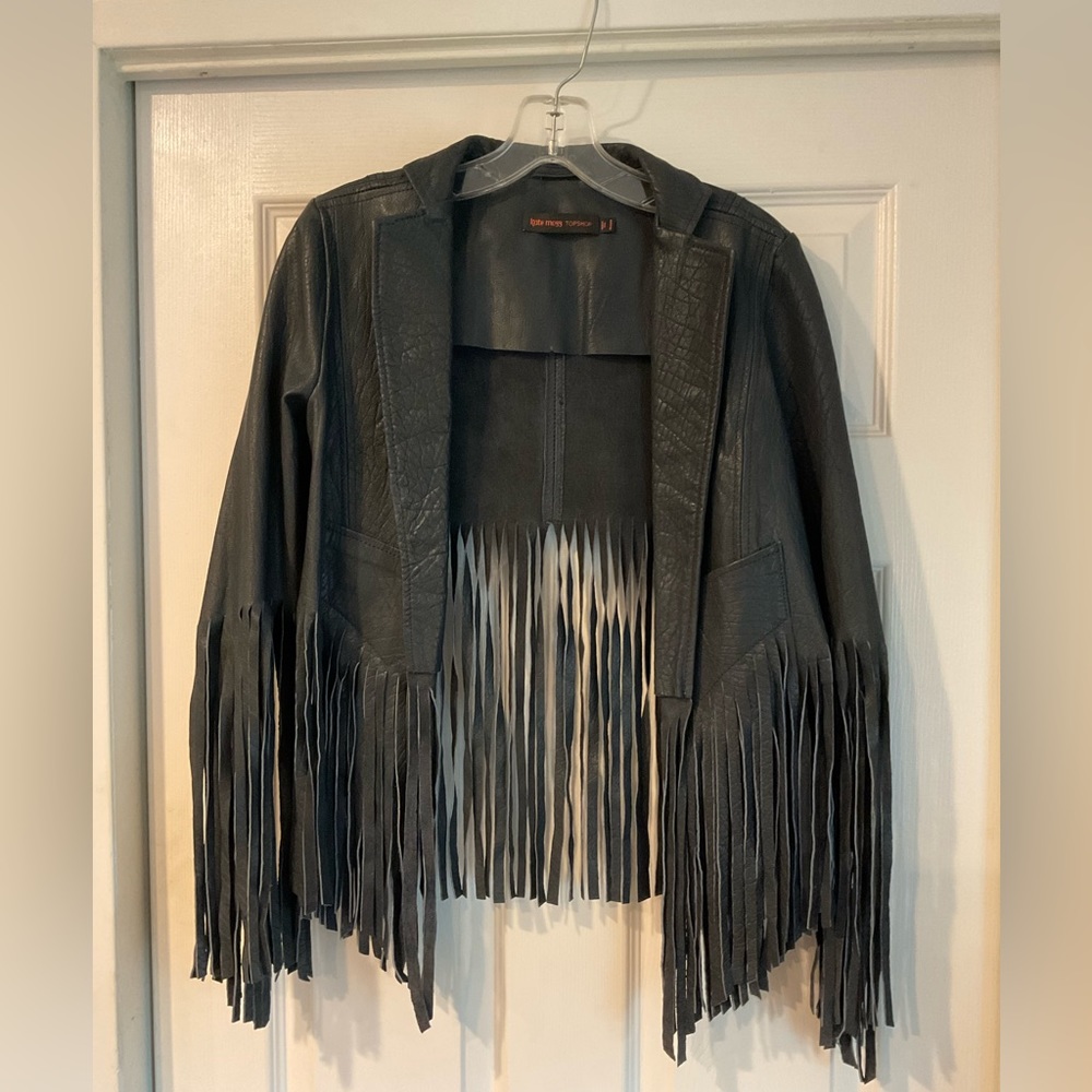Top Shop Kate Moss leather dark blue navy fringe jacket sz 6